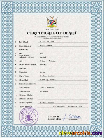 Namibia vital record death certificate